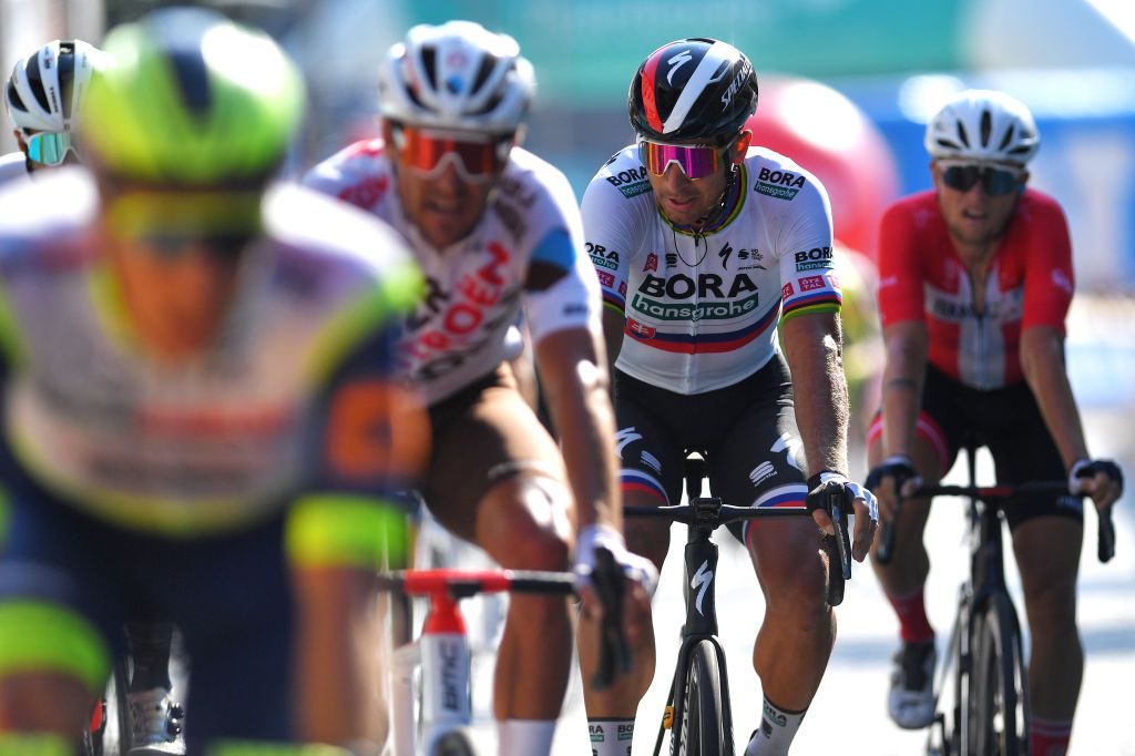 GERAARDSBERGEN BELGIUM SEPTEMBER 05 Peter Sagan of Slovakia and Team Bora Hansgrohe crosses the finishing line during the 17th Benelux Tour 2021 Stage 7 a 1809km stage from Namur to Geraardsbergen BeneluxTour on September 05 2021 in Geraardsbergen Belgium Photo by Luc ClaessenGetty Images