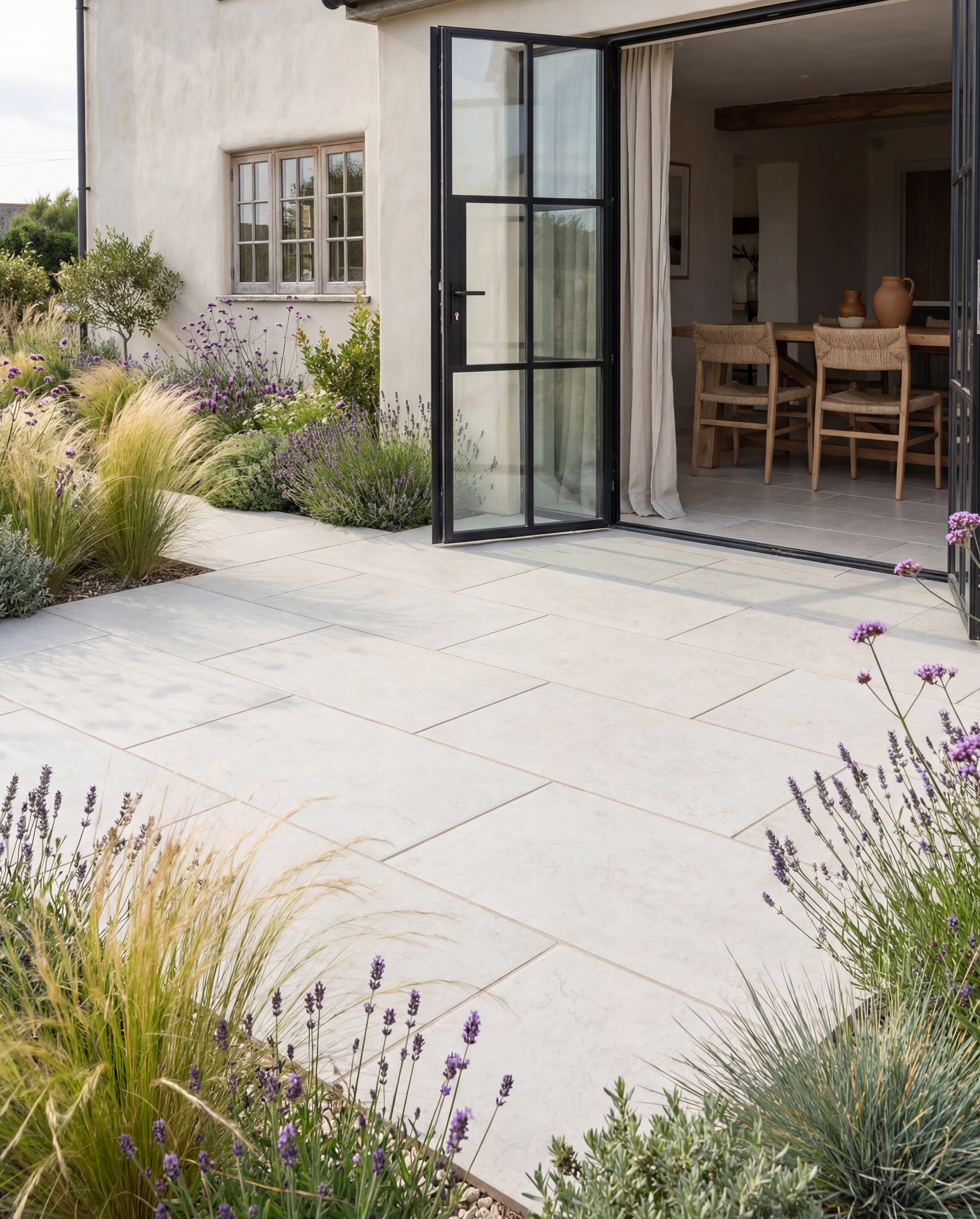 Patio doors opened onto paved terrace surrounded by lavender plants and grasses