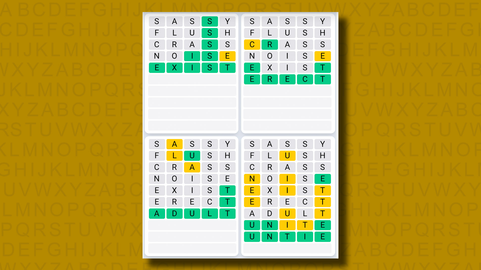 Quordle Daily Sequence answers for game 1095 on a yellow background