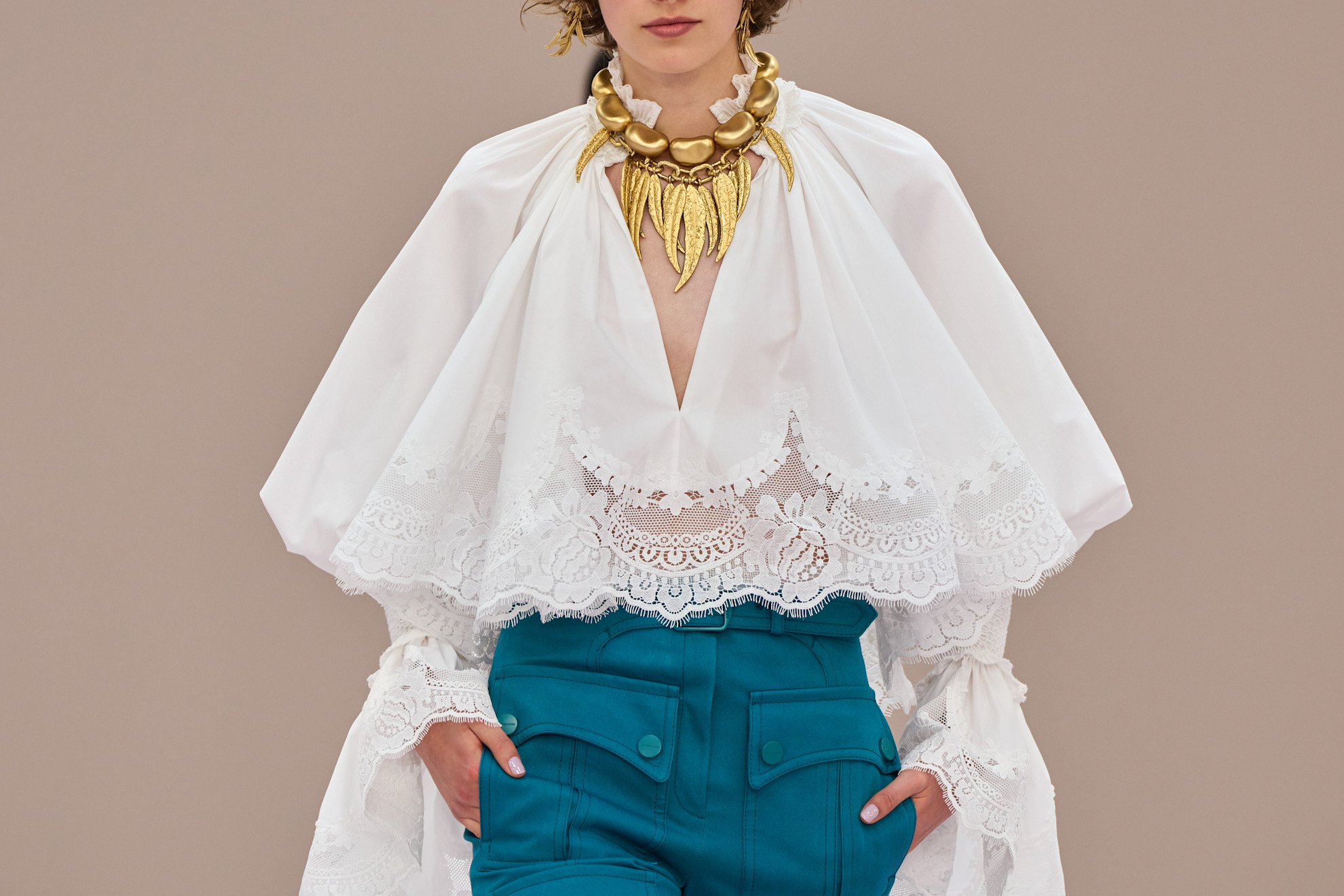A model wore a peasant blouse on the Zimmermann Spring 2026 runway