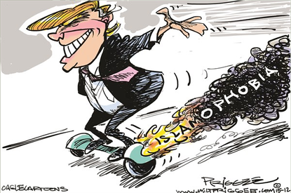 Political cartoon U.S. Donald Trump Islamophobia Hoverboard