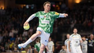 Lasse Bredekjaer Andersson from the Füchse Berlin jumps for a shot during the DAIKIN Handball Bundesliga match between the Füchse Berlin and SC DHfK Leipzig at Max-Schmeling-Halle on September 15, 2024 in Berlin, Germany.