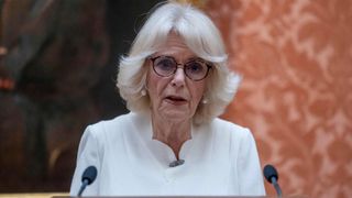 Queen Consort Camilla delivers a speech during a reception to raise awareness of violence against women and girls as part of the UN 16 days of Activism against Gender-Based Violence, at Buckingham Palace in London on November 29, 2022.