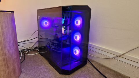 Maingear Zero Ruby showcasing its blue RGB lighting