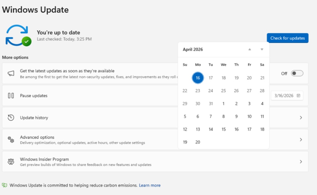 Windows Update settings page showing current update status as up to date. Options include pausing updates, viewing update history, and advanced settings.