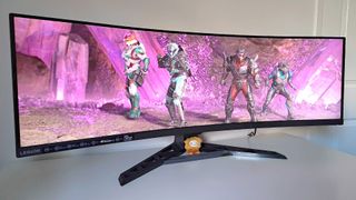  Lenovo Legion R45w-30 monitor with Halo Infinite gameplay on screen