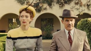 Tilda Swinton with a crazy hat walking with Josh Brolin in Hail Caesar!