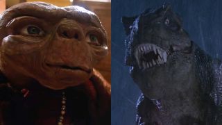E.T. and a T-Rex from Jurassic Park in a side-by-side photo.