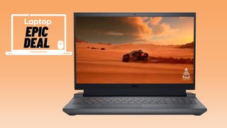 Gray Dell G15 RTX 4060 gaming laptop with Dakar Desert Rally game on screen against an orange gradient background.