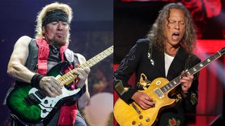 LEFT: Adrian Smith of Iron Maiden performs onstage during the Power Trip music festival at Empire Polo Club on October 06, 2023 in Indio, California. RIGHT: Kirk Hammett of Metallica performs onstage during the Library Of Congress 2024 Gershwin Prize For Popular Song at DAR Constitution Hall on March 20, 2024 in Washington, DC.