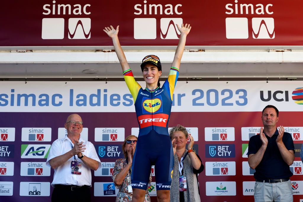 GENNEP NETHERLANDS SEPTEMBER 06 Elisa Balsamo of Italy and Team LidlTrek celebrates at podium as stage winner during the 25th Simac Ladies Tour 2023 Stage 1 a 1391km stage from Gennep to Gennep UCIWWT on September 06 2023 in Gennep Netherlands Photo by Bas CzerwinskiGetty Images