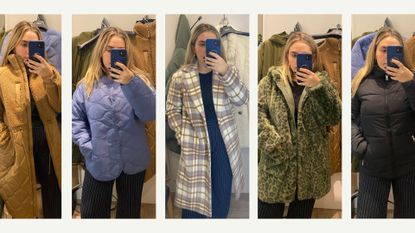 Five pictures of our writer wearing various Marks & Spencer coats included in the woman&home review