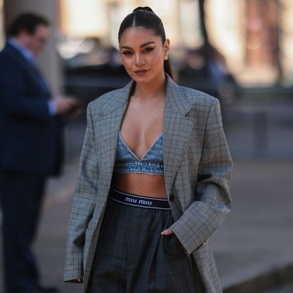  Vanessa Hudgens in a blazer short suit with a denim crop top 