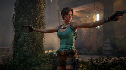 Lara Croft pointing two guns off-screen