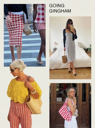 High sport gingham midi skirt with a black top; Tamara Mory wears a midi gingham dress with a black cardigan, straw bucket bag, and ballet flats; Grece Ghanem wears a yellow blouse, red gingham pants, sunglasses, and a beige tote bag; Sofia Coehlo wears a red gingham shoulder bag with a white skirt and metal-framed sunglasses.