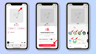 The first screenshot shows a new playlist on the iPhone Music app with a red arrow pointing at the Collaborate button. The second screenshot shows the option to invite people to join the playlist, with red arrows pointing at the approve collaborators option and the Start Collaborating button. The third screenshot shows the iPhone sharing menu, with red arrows pointing at AirDrop, iMessages, and WhatsApp messages.