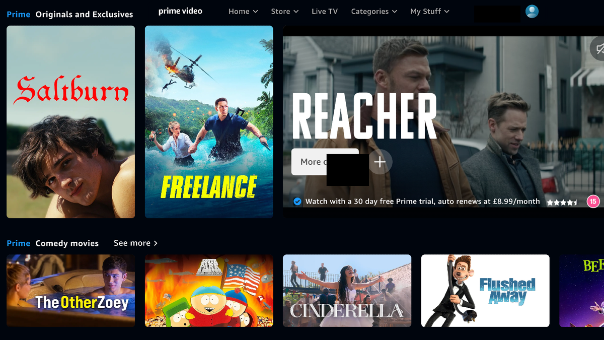 Amazon Prime Video home screen 2024