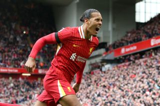 Liverpool captain Virgil van Dijk celebrates after scoring his side's winning goal against West Ham, April 2025.