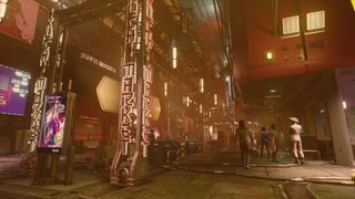 Starfield screenshot showing a bronze-colored scene of a sci-fi marketplace.