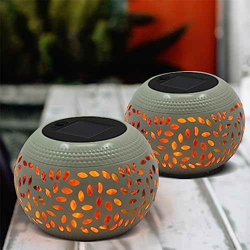 Solar Table Lanterns Outdoor Waterproof-2pack Dancing Flickering Flame Solar Lights,white Metal Desktop Decorative Lamps for Gifts for Women Mom Desk Patio Garden Yard Decor
