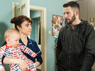 FROM ITV STRICT EMBARGO - Tuesday 19 January 2016 Emmerdale - Ep 7412 Friday 29 January 2016 Emma Barton [GILLIAN KEARNEY] suggests Ross Barton [MICHAEL PARR] get some legal advice on his rights over Moses, thinking he should get his name on the birth certificate before Charity gets out. Picture contact: david.crook@itv.com on 0161 952 6214 Photographer - Andrew Boyce This photograph is (C) ITV Plc and can only be reproduced for editorial purposes directly in connection with the programme or event mentioned above, or ITV plc. Once made available by ITV plc Picture Desk, this photograph can be reproduced once only up until the transmission [TX] date and no reproduction fee will be charged. Any subsequent usage may incur a fee. This photograph must not be manipulated [excluding basic cropping] in a manner which alters the visual appearance of the person photographed deemed detrimental or inappropriate by ITV plc Picture Desk. This photograph must not be syndicated to any other company, publication or website, or permanently archived, without the express written permission of ITV Plc Picture Desk. Full Terms and conditions are available on the website www.itvpictures.com