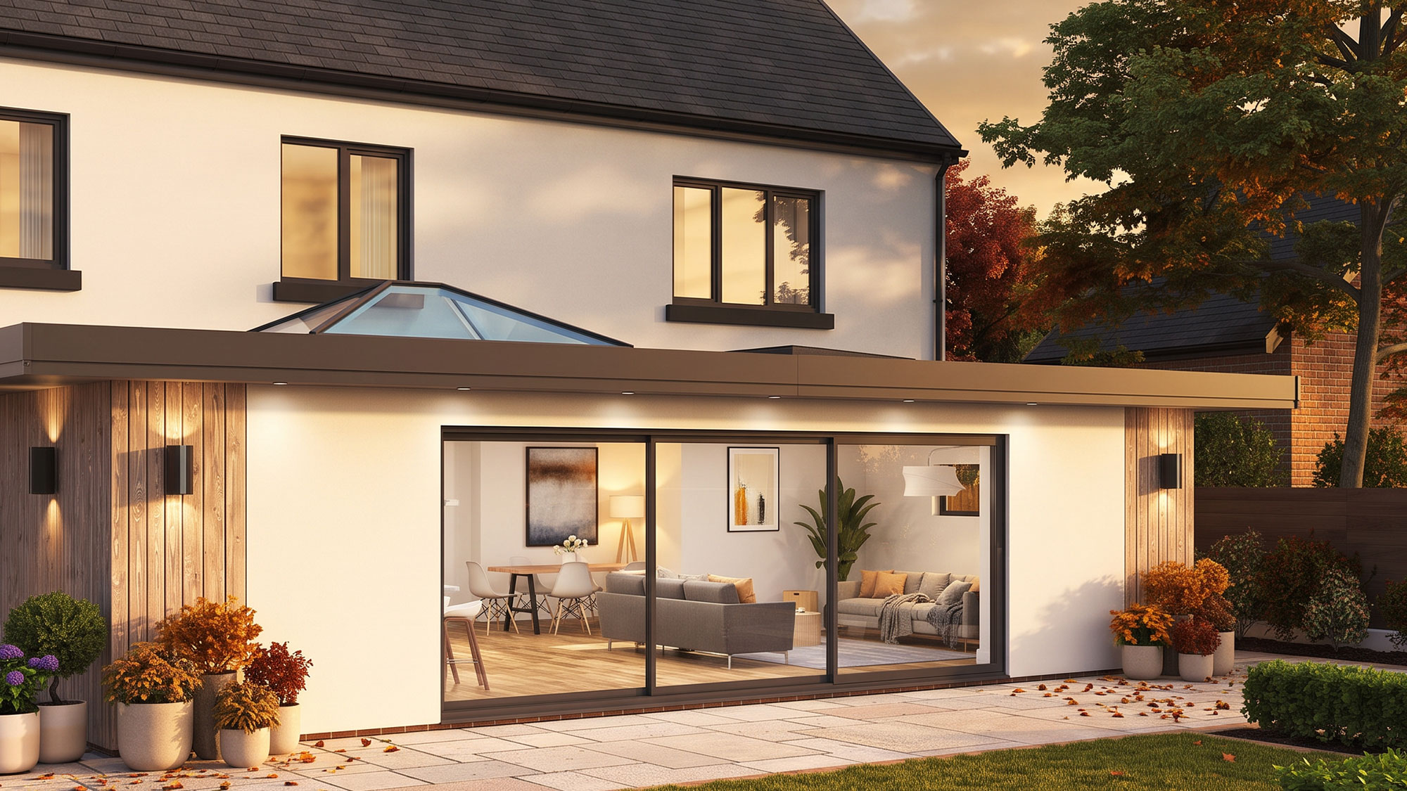 modern extension with a large roof lantern and sliding doors leading out to a patio