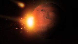 An artist's interpretation of a killer asteroid exploding on impact with the Red Planet.