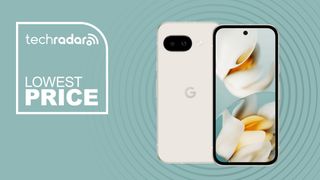 Google Pixel 9a on green background with lowest price text overlay