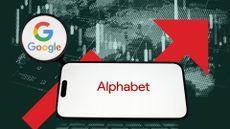 Alphabet logo is displayed on a mobile phone screen along with Google on a magnifying glass