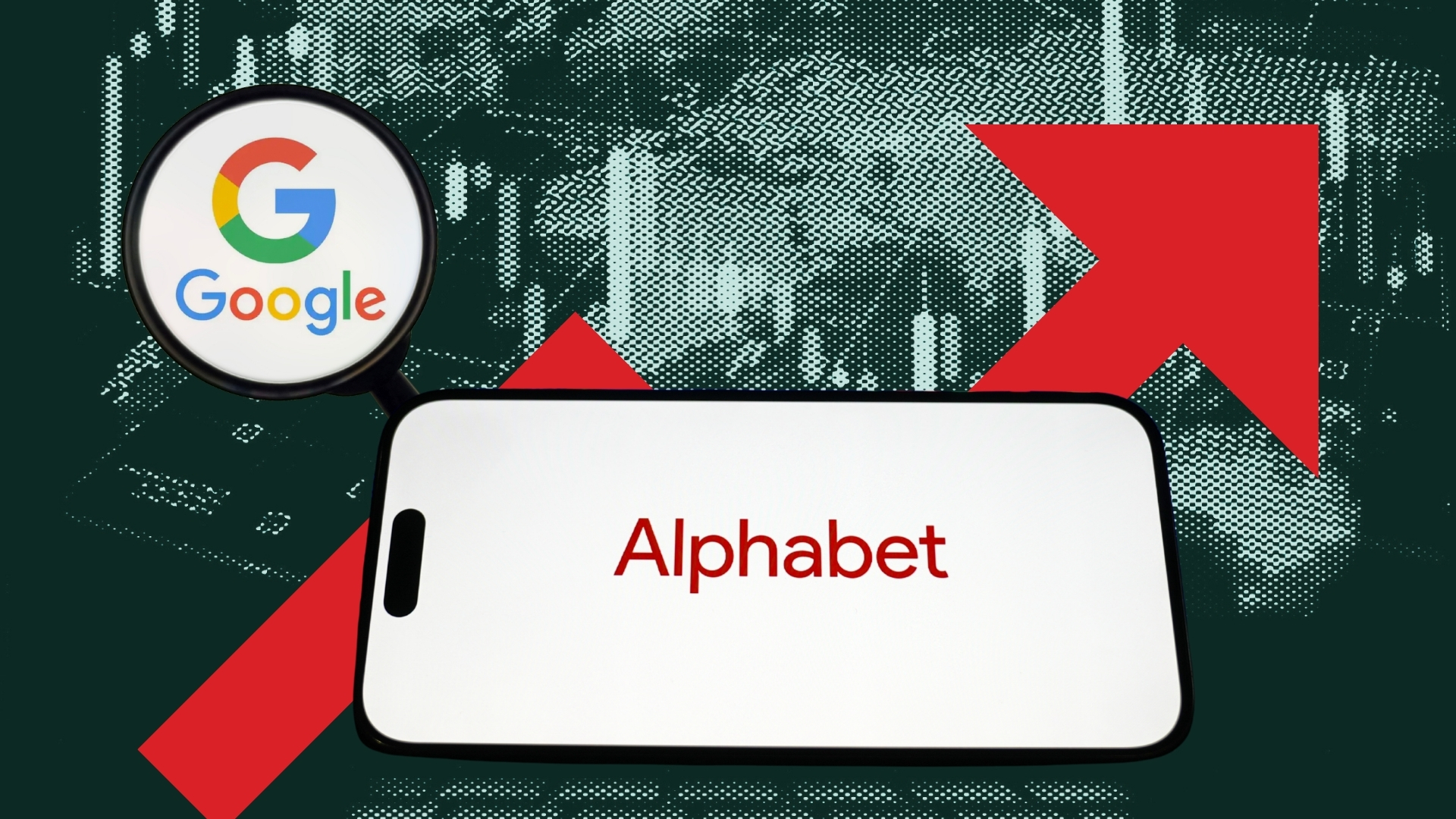 Alphabet logo is displayed on a mobile phone screen along with Google on a magnifying glass