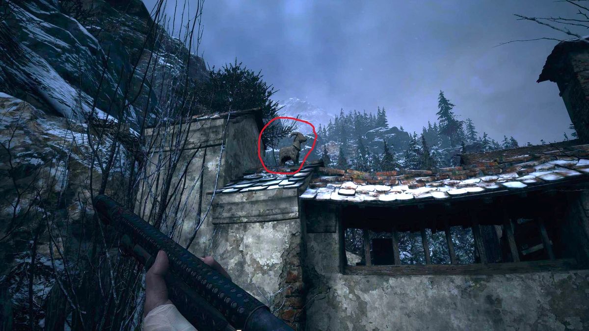 Edited in-game screenshot of a Goat of Warding in Resident Evil Village