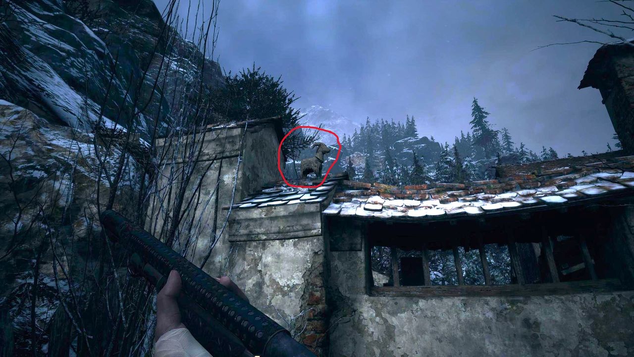 Edited in-game screenshot of a Goat of Warding in Resident Evil Village