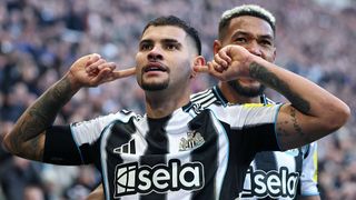 Bruno Guimaraes, of Newcastle, puts his fingers. in his ears to celebrate scoring the winning goal against Fulham in the 2025/26 Premier League match