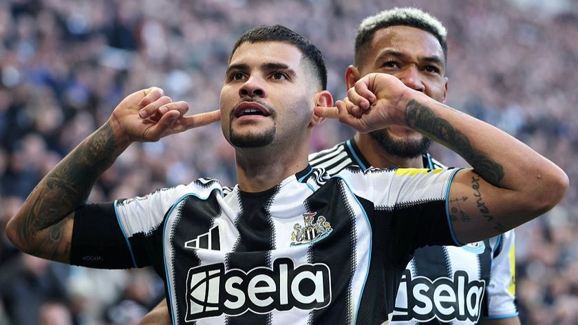 Bruno Guimaraes, of Newcastle, puts his fingers. in his ears to celebrate scoring the winning goal against Fulham in the 2025/26 Premier League match