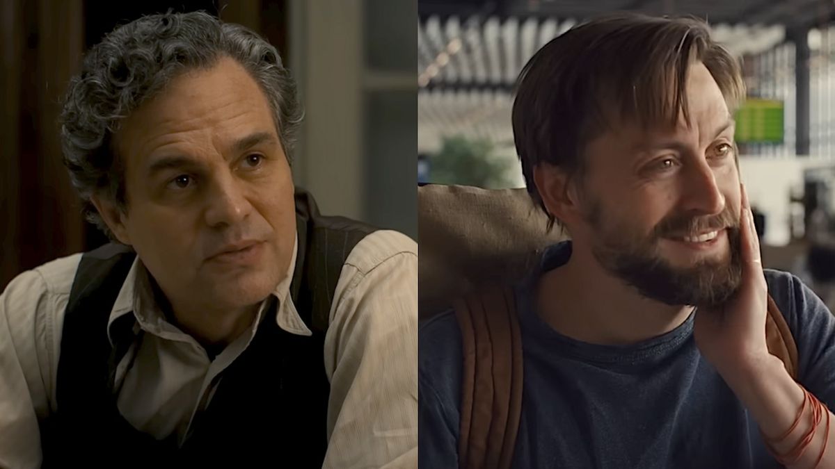 Mark Ruffalo wearing a collared shirt and vest in All The Light We Can Not See/ Kieran Culkin holding face and smiling wearing a backpack in A Real Pain