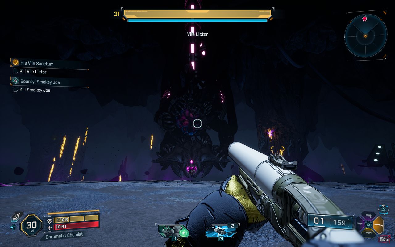 Borderlands 4 Undead Eye locations: A player looking at Vile Lictor inside a dark cave just as the fight begins.