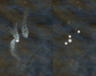 An artist's impression of the quadruplets. The left panel shows the star and three dense gas balls. Right panel shows the system after all four star siblings are born.