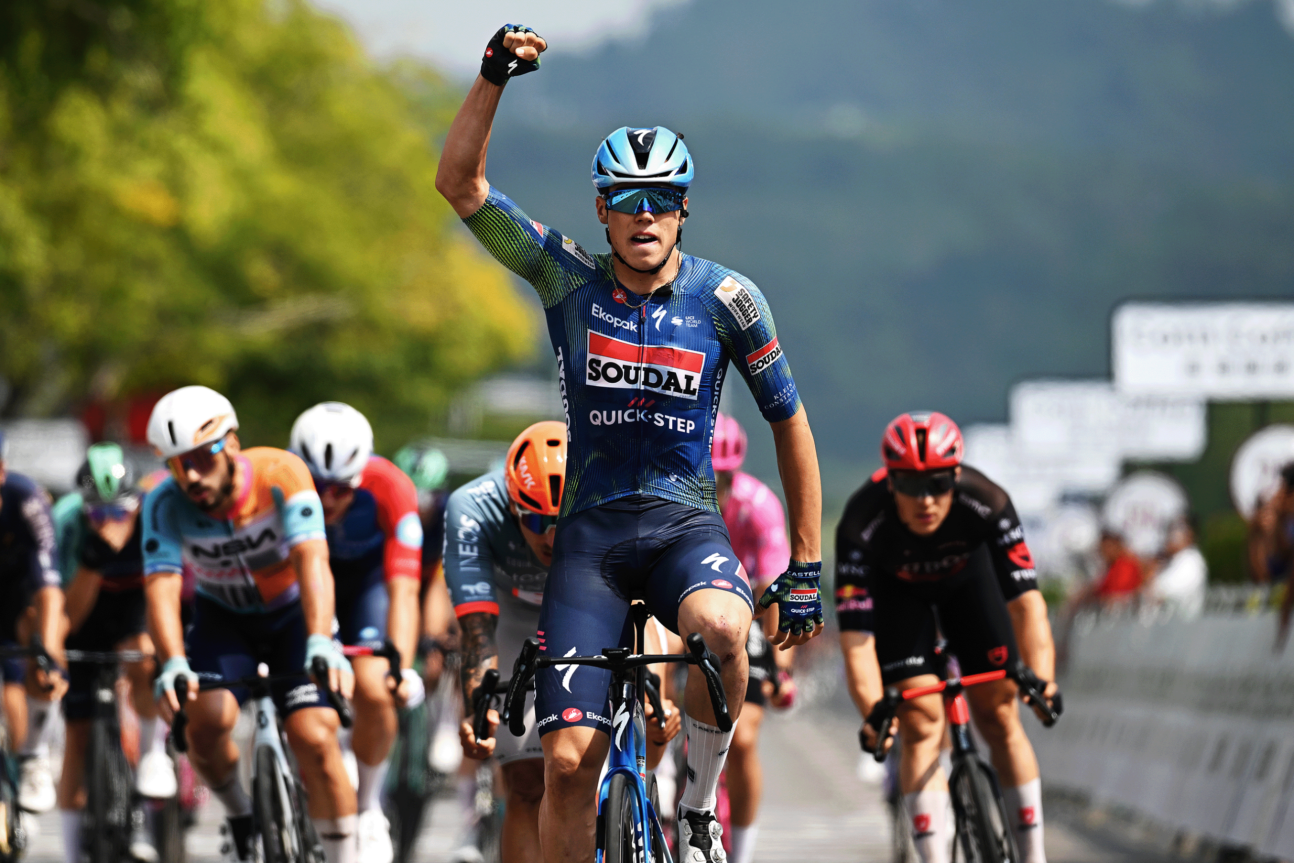Paul Magnier of France and Team Soudal Quick-Step celebrates at finish line as stage winner during the 7th Tour of Guangxi 2026, Stage 1 on October 13, 2026 in Chongzuo, China. (Photo by Dario Belingheri/Getty Images)