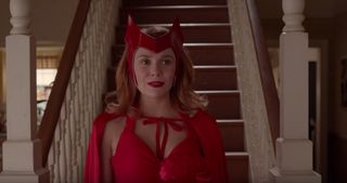 Elizabeth Olsen as Wanda Maximoff in a traditional Scarlet Witch costume in 'WandaVision.'
