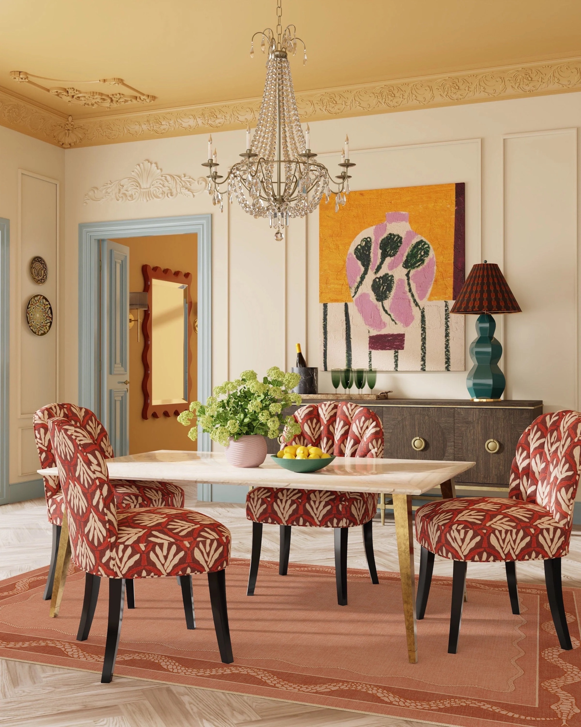 A traditional style dining room with cream walls and an accent, baby blue door frame. A chandelier hangs above the central dining table with patterned dining chairs surrounding.