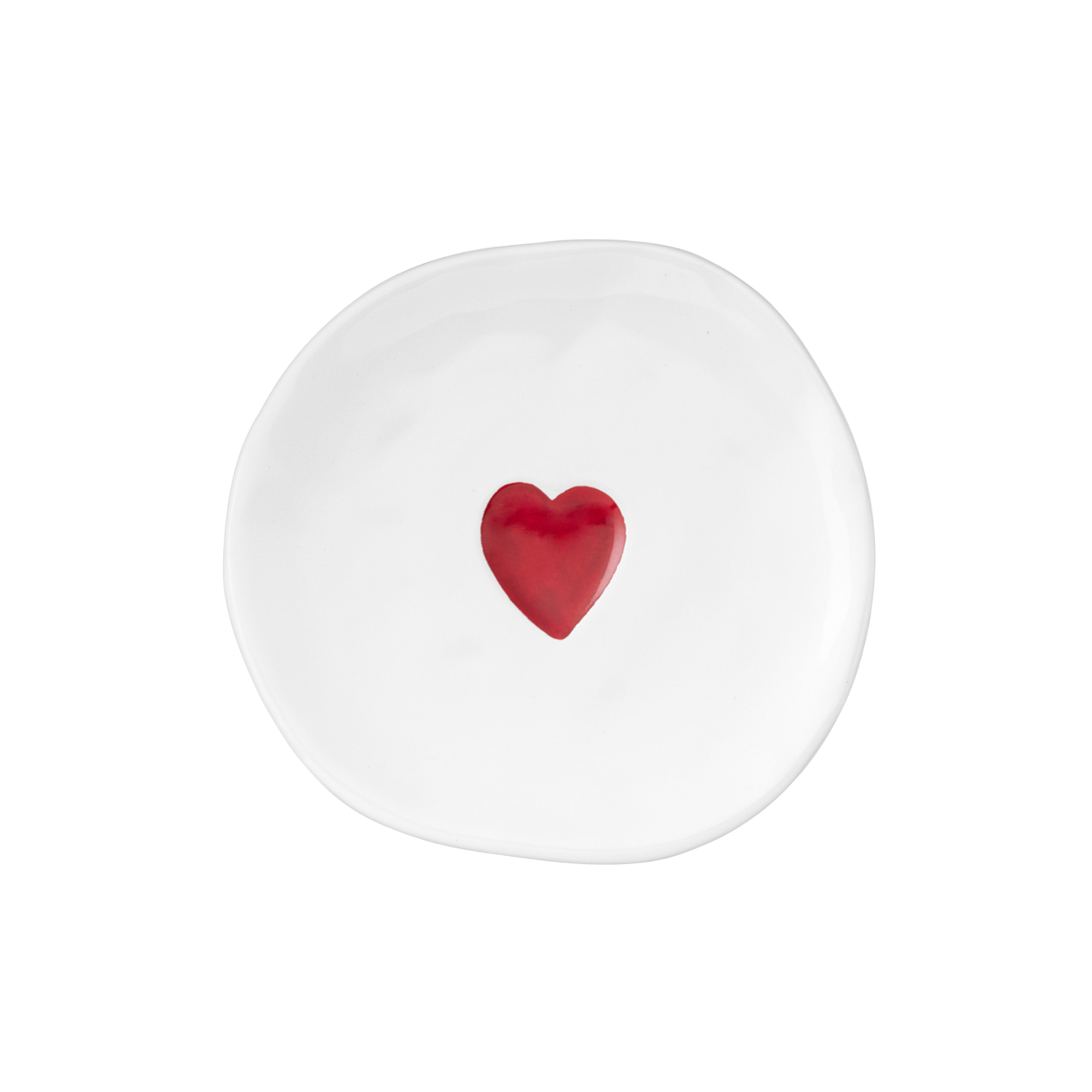 small plate in white with a red heart in the center