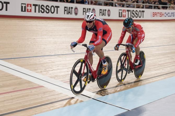 Two riders break away in the Men's Omnium Scratch