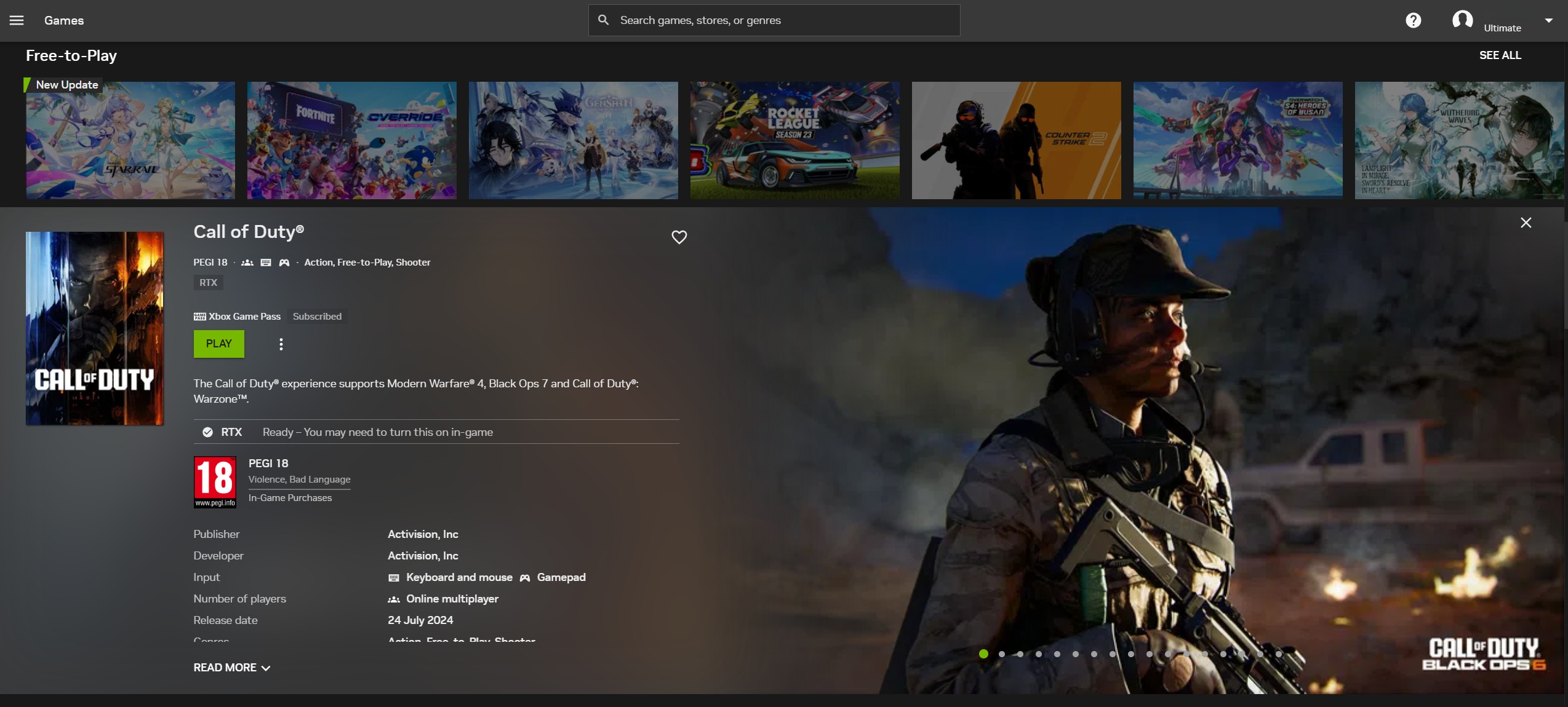 A screenshot of the NVIDIA GeForce Now app showing Call of Duty