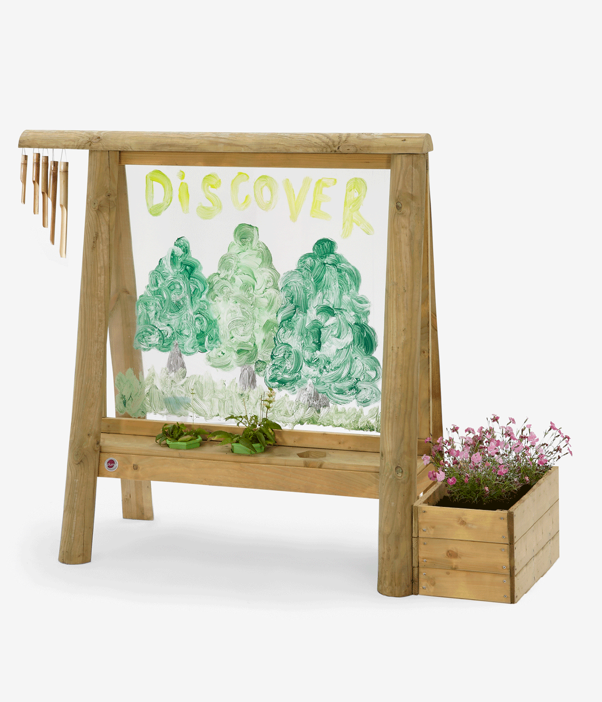 children's wooden easel with wind chimes hanging off