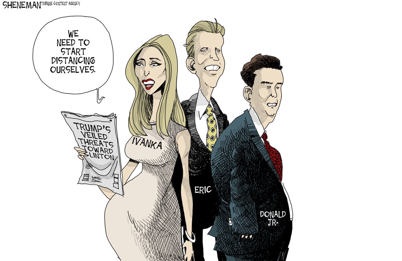 Political cartoon U.S. Donald Trump children distancing campaign