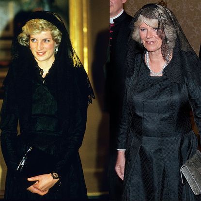  In this photo composite image a comparison is made between (left) Diana, Princess of Wales as she arrives at the Vatican to meet Pope Paul II in April 1985 and (right) Camilla, Duchess of Cornwall meeting Pope Benedict XVI at St. Peter's Basilica on April 27, 2009 in Vatican City, the Vatican. 