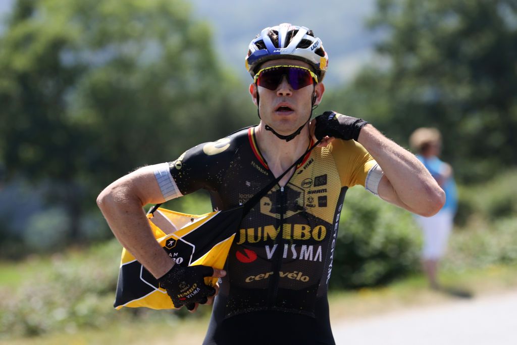 PUY DE DME FRANCE JULY 09 Wout Van Aert of Belgium and Team JumboVisma picks a food bag during the stage nine of the 110th Tour de France 2023 a 1824km stage from SaintLonarddeNoblat to Puy de Dme 1412m UCIWT on July 09 2023 in Puy de Dme France Photo by Michael SteeleGetty Images