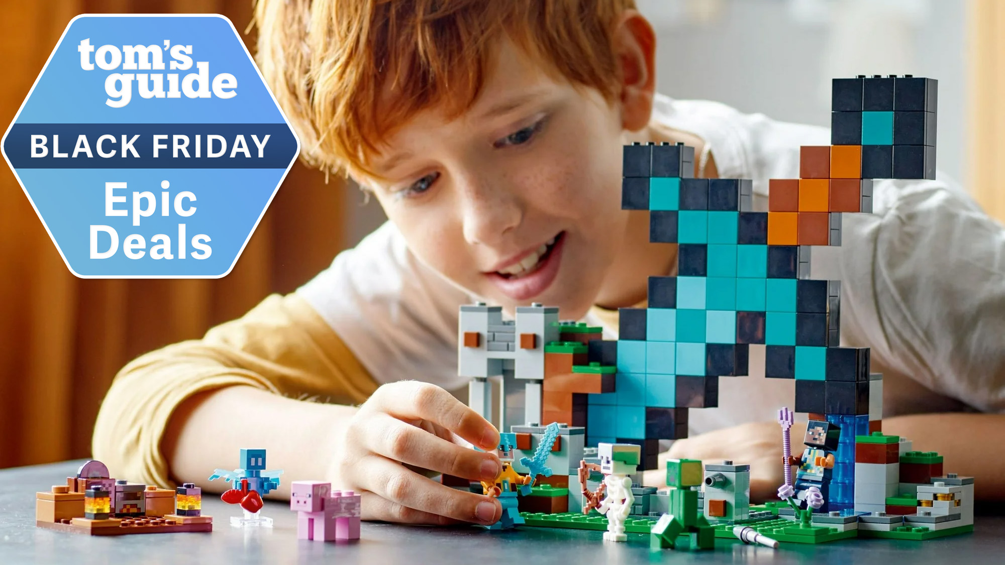 A child building the LEGO Minecraft set