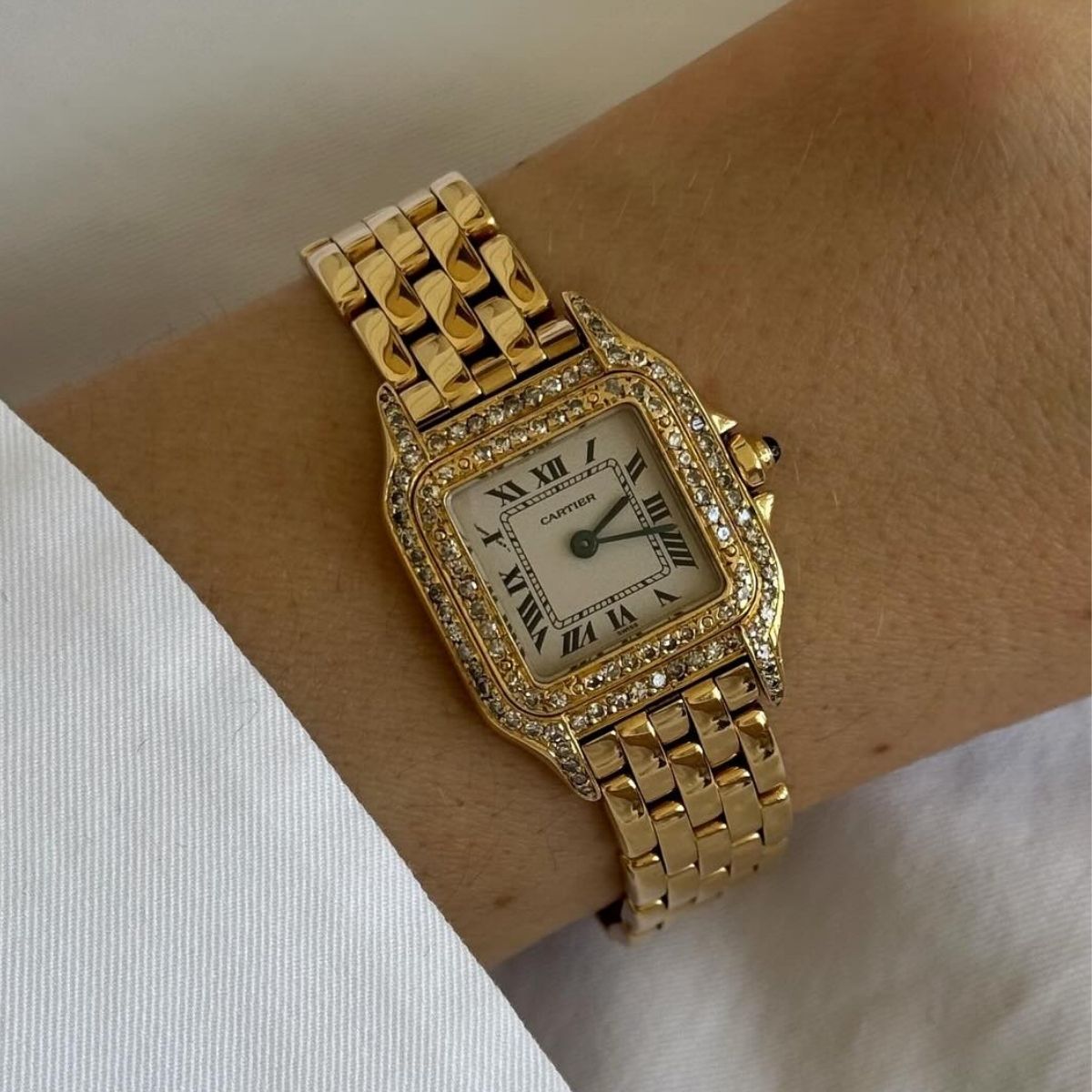 An image of @rikkekrefting wearing a vintage Cartier Panth&egrave;re, one of the biggest watch trends for 2026. 