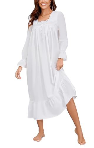 Aviier 100% Cotton Nightgowns for Women Long Sleeve House Dress Ladies Sleepwear With Pockets White M
